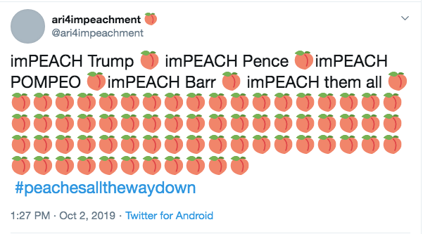 一位美國網友想要彈劾走川普、彭斯、蓬佩奧等官員，並附上一堆桃子表情。/推特截圖