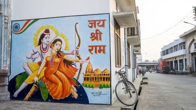 A mural depicting Hindu gods Rama, left, and Sita is displayed on a wall in Ayodhya, Uttar Pradesh, India, on Friday, Jan. 18, 2019.
