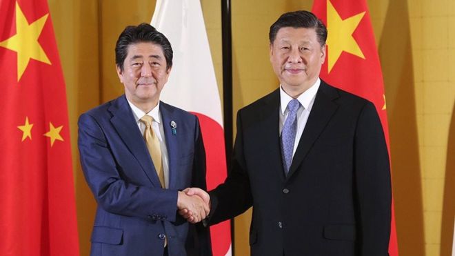 2019年6月27日，中國國家主席習近平在大阪參加G20會見日本首相安倍晉三