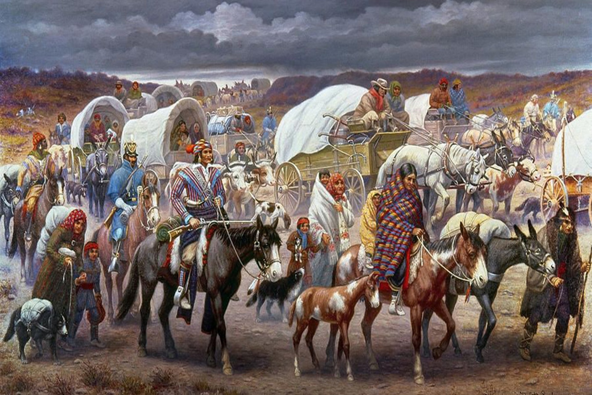 1942年美國畫家描繪印第安人遭美軍強迫踏上「流淚之路」。（WOOLROCK MUSEUM）