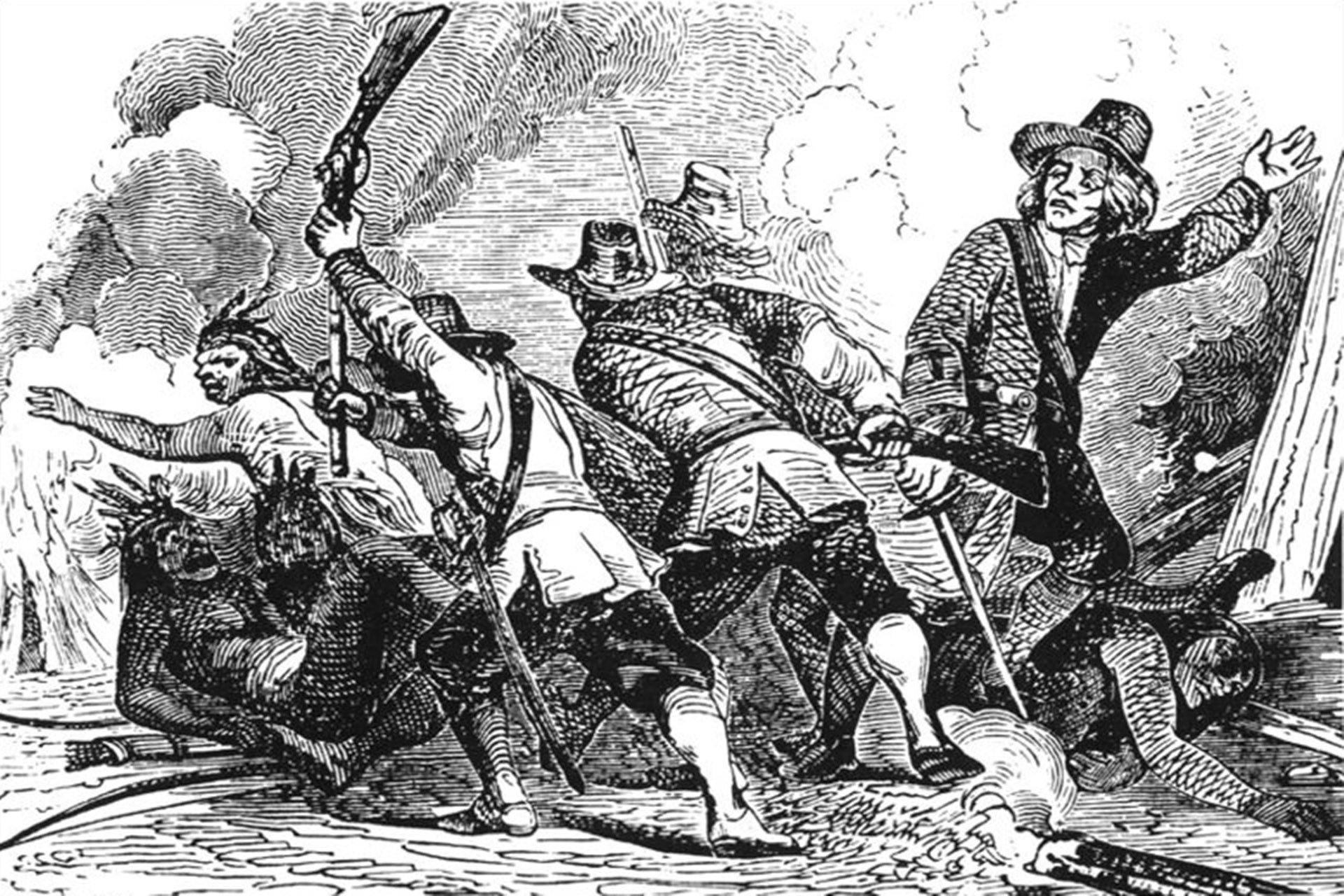 19世紀的某幅版畫描摹北美殖民者如何殘殺佩科特人。（維基百科公有領域）