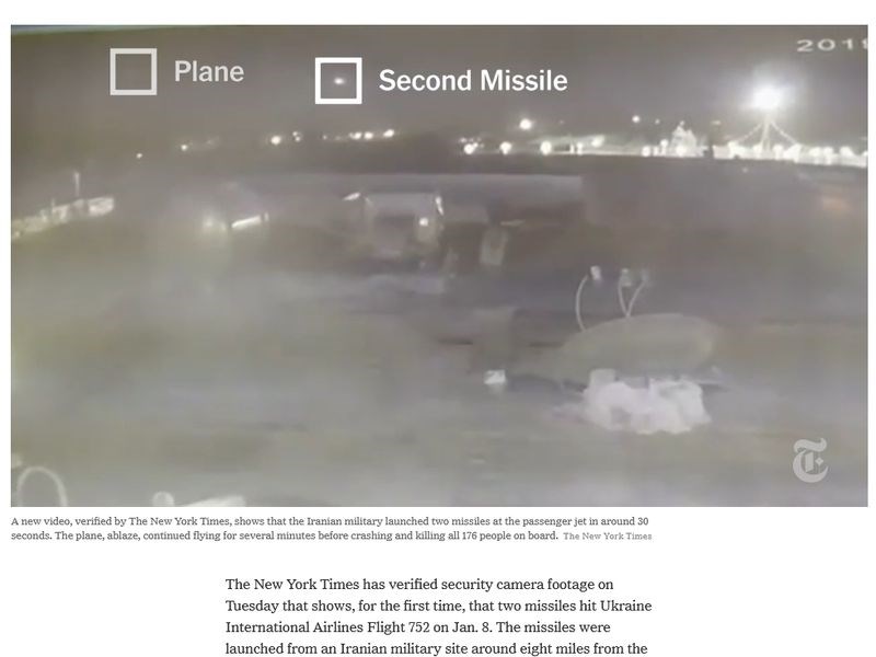 「紐約時報」先前報導伊朗飛彈擊中烏克蘭班機，隨後伊朗也承認誤擊客機。紐時14日報導，新的監視影像顯示，飛機從德黑蘭機場起飛幾分鐘後遭一枚飛彈擊中，約23秒後又遭另一枚飛彈攻擊。（圖取自紐約時報網頁nytimes.com）