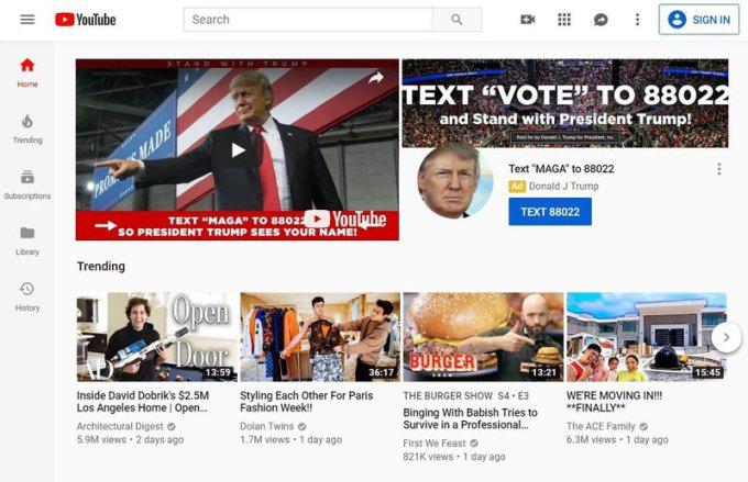 特朗普团队购买选举日当天YouTube的头条广告位(图)
