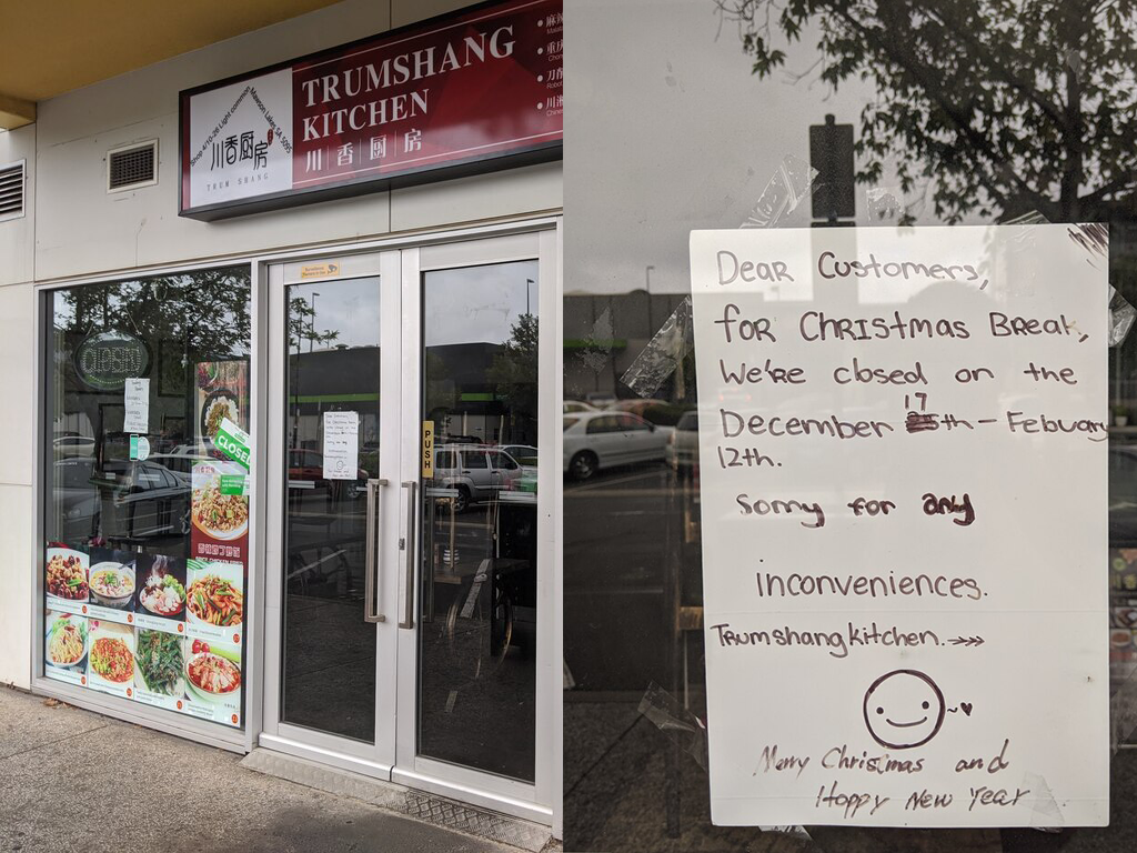 當地關閉的中餐館，原定的歇業日期過去後仍未開門。