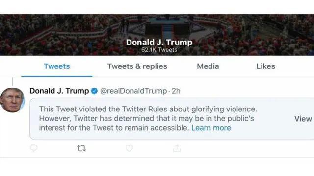 继续怼！推特又将川普一条推文标记为“美化暴力”