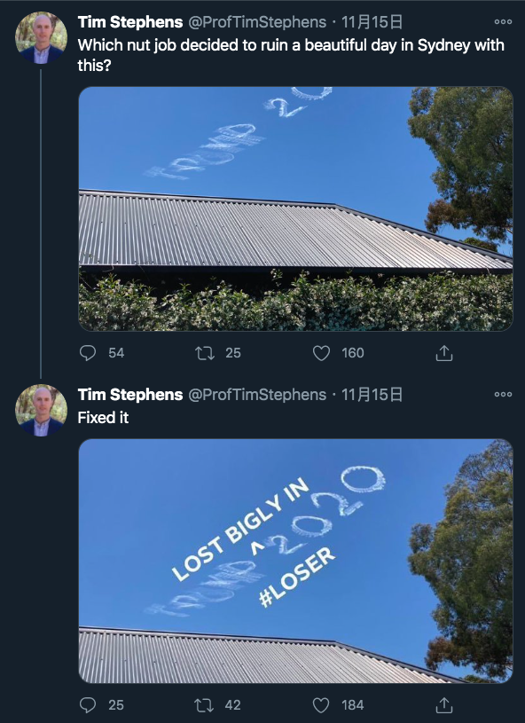 澳洲悉尼川粉用飞机在天空写下“Trump 2020”标语