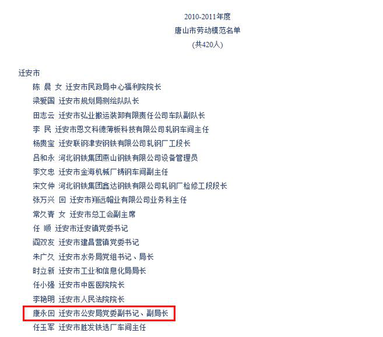 图说：康永曾于2012年获“2010-2011年度唐山市劳动模范”称号。