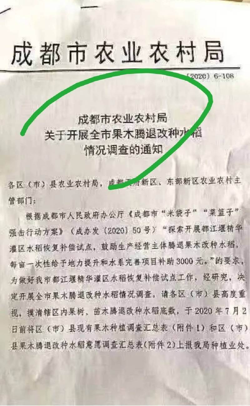 中國多地政府發出「退果還耕」、「退林還耕」的公告，要求農民改種糧食作物。（圖截取自微博）
